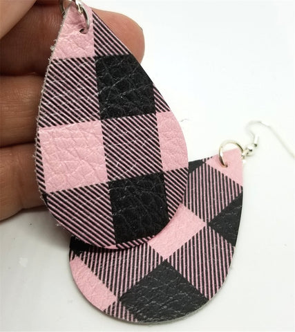 Soft Leather Pink and Black Plaid Teardrop Earrings