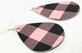 Soft Leather Pink and Black Plaid Teardrop Earrings