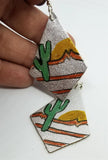 Silver Foil Real Leather Earrings with Hand Illustrated Southwestern Landscape OOAK