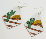 Silver Foil Real Leather Earrings with Hand Illustrated Southwestern Landscape OOAK