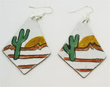 Silver Foil Real Leather Earrings with Hand Illustrated Southwestern Landscape OOAK