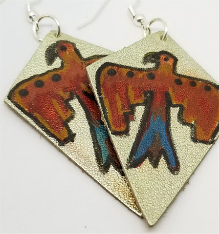 Silver Foil Real Leather Earrings with Hand Illustrated Thunderbird OOAK