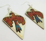Silver Foil Real Leather Earrings with Hand Illustrated Thunderbird OOAK