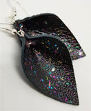 Black Real Leather Leaf Earrings with Funfetti Glitter