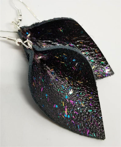 Black Real Leather Leaf Earrings with Funfetti Glitter