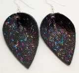 Black Real Leather Leaf Earrings with Funfetti Glitter
