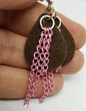 Brown Teardrop Suede Leather Earrings with Pink Chain Dangles