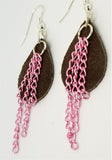 Brown Teardrop Suede Leather Earrings with Pink Chain Dangles