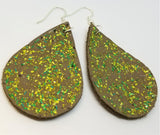 Green Glitter on Brown Teardrop Shaped Leather Earrings