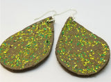 Green Glitter on Brown Teardrop Shaped Leather Earrings