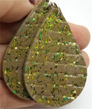 Green Glitter on Brown Teardrop Shaped Leather Earrings