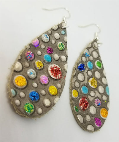 Teardrop Shaped Embossed Colored Glitter Polka Dot Leather Earrings