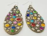 Teardrop Shaped Embossed Colored Glitter Polka Dot Leather Earrings