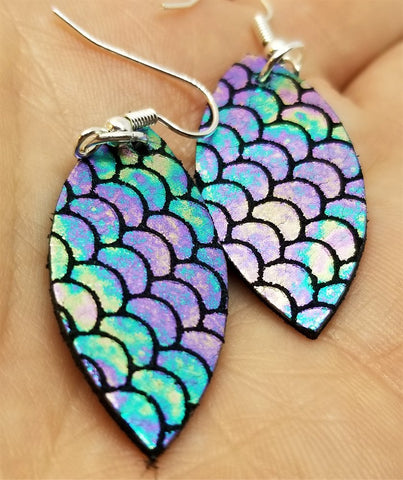 Small Almond Shaped Mermaid Scales Leather Earrings