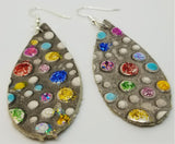Teardrop Shaped Embossed Colored Glitter Polka Dot Leather Earrings