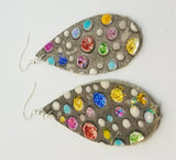 Teardrop Shaped Embossed Colored Glitter Polka Dot Leather Earrings