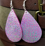 Pink with Crackle Holographic Finish Real Leather Teardrop Shaped Earrings