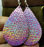 Pink with Crackle Holographic Finish Real Leather Teardrop Shaped Earrings
