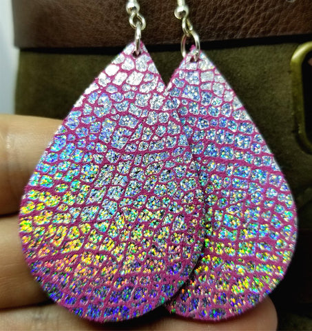 Pink with Crackle Holographic Finish Real Leather Teardrop Shaped Earrings