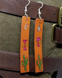 Hand Painted Southwestern Themed on Brown Real Leather Strip Earrings