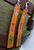 Hand Painted Southwestern Themed on Brown Real Leather Strip Earrings