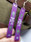 Hand Painted Biker or Gothic Themed on Purple Real Leather Strip Earrings