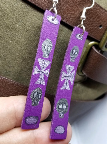 Hand Painted Biker or Gothic Themed on Purple Real Leather Strip Earrings