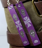 Hand Painted Biker or Gothic Themed on Purple Real Leather Strip Earrings