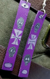 Hand Painted Biker or Gothic Themed on Purple Real Leather Strip Earrings