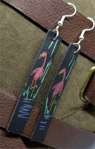 Hand Painted Flamingo on Black Real Leather Strip Earrings