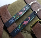 Hand Painted Flamingo on Black Real Leather Strip Earrings