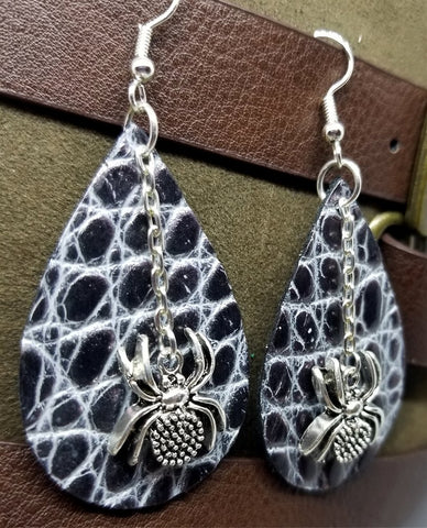 Black with White Embossing Tear Drop Shaped Leather Earrings with Silver Spider Charm Dangles