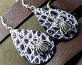 Black with White Embossing Tear Drop Shaped Leather Earrings with Silver Spider Charm Dangles