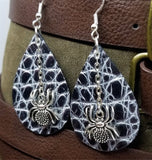 Black with White Embossing Tear Drop Shaped Leather Earrings with Silver Spider Charm Dangles
