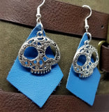 Blue Kite Shaped Real Leather Earrings with Ornate Skull Charms