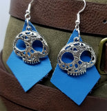 Blue Kite Shaped Real Leather Earrings with Ornate Skull Charms