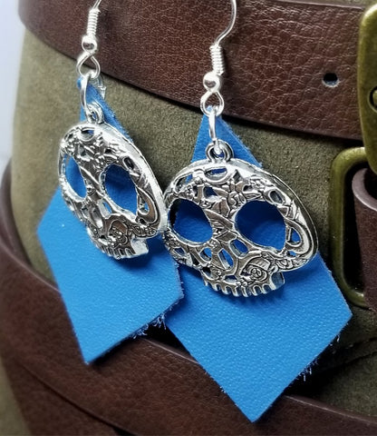 Blue Kite Shaped Real Leather Earrings with Ornate Skull Charms