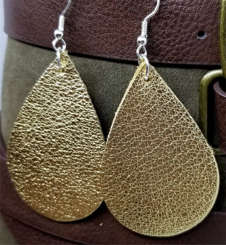 Metallic Gold Finished Tear Drop Shaped Real Leather Earrings