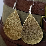 Metallic Gold Finished Tear Drop Shaped Real Leather Earrings