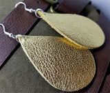 Metallic Gold Finished Tear Drop Shaped Real Leather Earrings