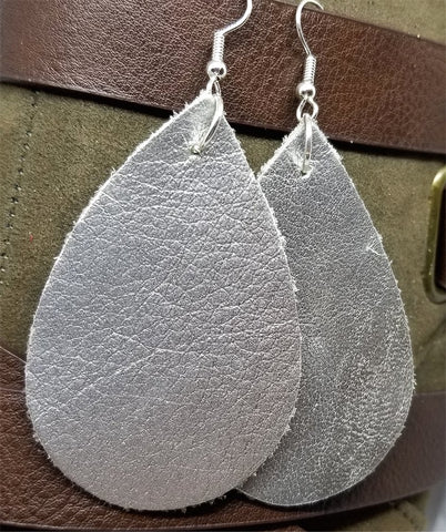 Metallic Silver Tear Drop Shaped Real Leather Earrings