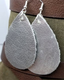 Metallic Silver Tear Drop Shaped Real Leather Earrings