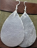 Metallic Silver Tear Drop Shaped Real Leather Earrings
