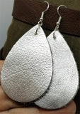 Metallic Silver Tear Drop Shaped Real Leather Earrings