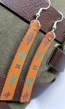 Hand Painted Cactus Southwestern Themed on Brown Real Leather Strip Earrings