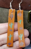Hand Painted Cactus Southwestern Themed on Brown Real Leather Strip Earrings