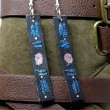 Hand Painted Patterned Glitter Themed on Black Real Leather Strip Earrings