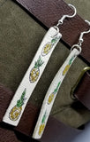 Pineapple Themed Hand Painted Off White Real Leather Strip Earrings