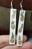 Pineapple Themed Hand Painted Off White Real Leather Strip Earrings