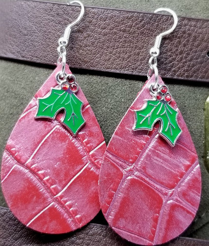 Red Embossed Tear Drop Shaped Leather Earrings with Holly Charm Overlay